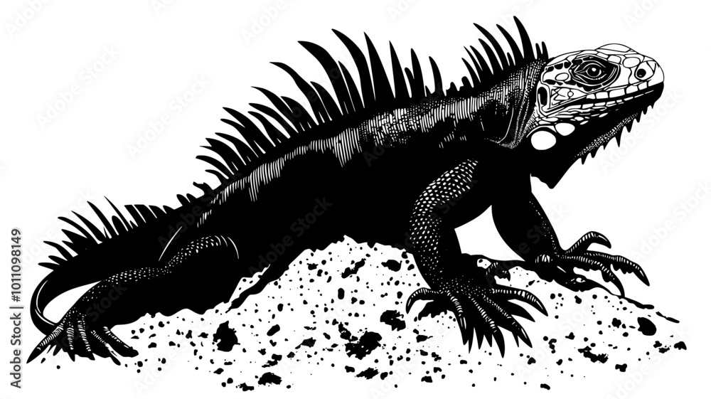 Fototapeta premium Iguana digging a burrow in sand with powerful legs, vector illustration art
