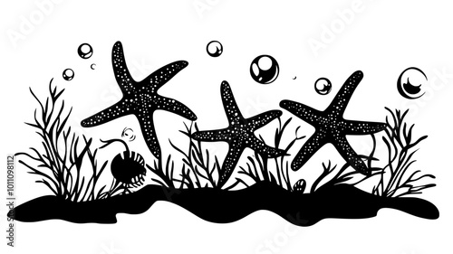 Group of starfish on the ocean floor among seaweed and shells, vector illustration art