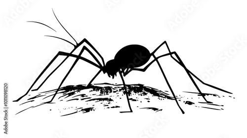 Harvestman exploring a rough surface, using its legs for balance, vector illustration art