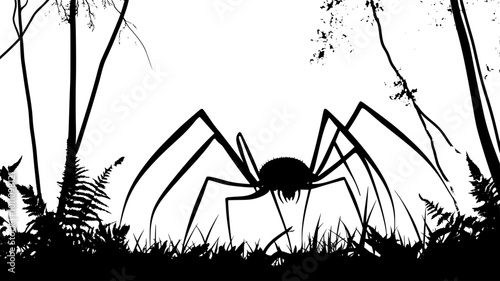 Harvestman walking across a forest floor, with long legs stretched out, vector illustration art