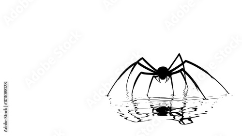 Harvestman walking across water surface with hydrophobic legs, vector illustration art