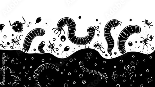 Hookworm larvae in contaminated soil, ready to infect a host through skin contact or ingestion, vector illustration art