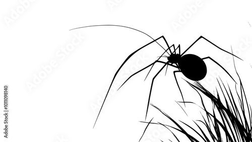 Harvestman gripping a plant stem, using its legs to hold on, vector illustration art