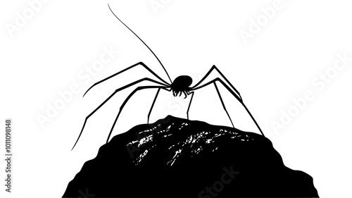 Harvestman standing motionless on a rock, legs extended in multiple directions, vector illustration art