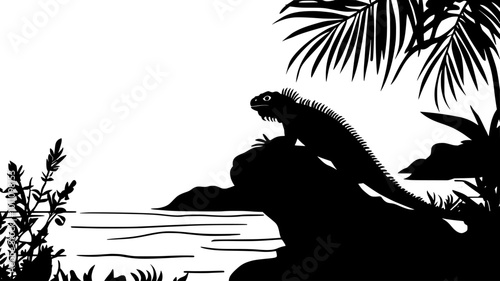 Iguana basking on a rock near the ocean, vector illustration art