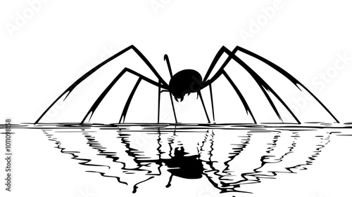 Harvestman walking across water surface with hydrophobic legs, vector illustration art