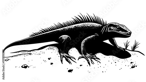 Iguana digging a nest hole in the sand with its hind legs, vector illustration art