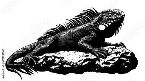 Iguana basking on a rock with its dorsal spines erect, vector illustration art