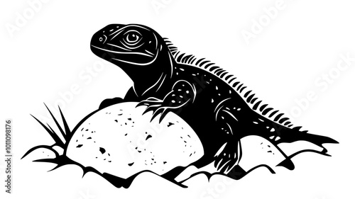 Iguana hatchling emerging from a buried egg, vector illustration art