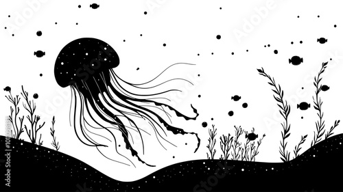 A jellyfish drifting along the seabed near a sandy area, surrounded by small marine organisms, vector illustration art