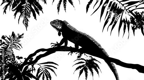 Iguana perched on a tree branch in a tropical forest, vector illustration art
