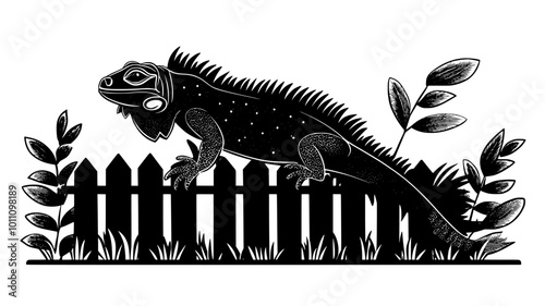 Iguana on a fence post in a suburban backyard, vector illustration art