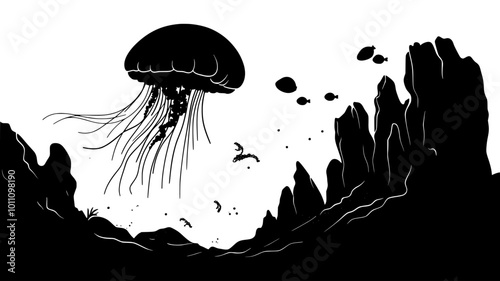 A jellyfish hovering near an underwater rock formation, with smaller sea creatures nearby, vector illustration art