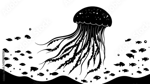 A jellyfish drifts slowly in the water column, surrounded by fish, vector illustration art