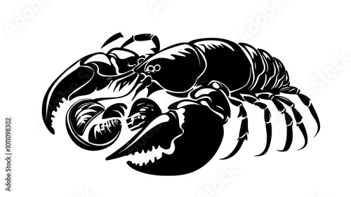 Lobster using claws to crack open mussel on seafloor, vector illustration art