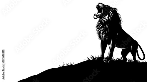 A lone lion roars on a hilltop, its powerful voice echoing across the landscape, vector illustration art
