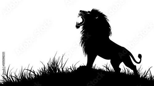 A lone lion roars on a hilltop, its powerful voice echoing across the landscape, vector illustration art