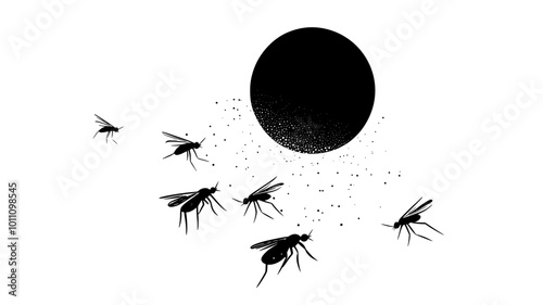 Mosquitoes swarming around a light source at night, vector illustration art