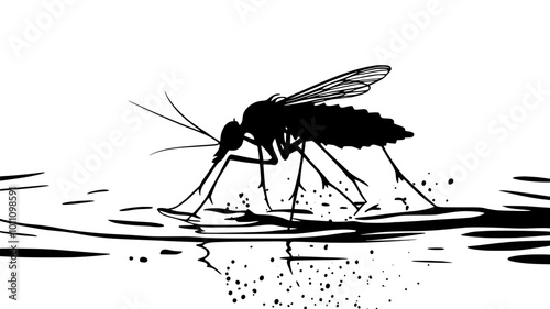 Mosquito emerging from its pupa case on water surface, vector illustration art