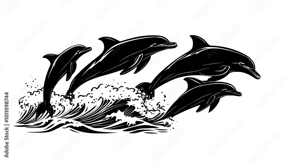 A pod of dolphins leaps out of ocean waves in unison, showcasing their playful spirit, vector illustration art A pod of dolphins leaps out of ocean waves in unison, showcasing their playful spirit, vector illustration art