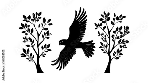 A parrot flies between two trees, wings flapping as it moves through the air, vector illustration art