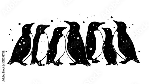 Penguin huddle forming tight group to conserve heat in blizzard, vector illustration art