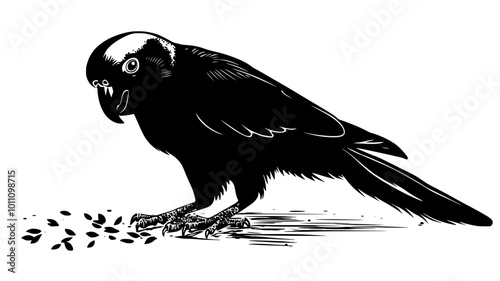 A parrot stands on the ground, pecking at small seeds scattered around it, vector illustration art