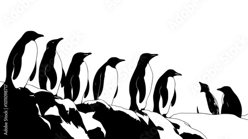 Penguin colony gathered on rocky shore near ice-covered waters, vector illustration art