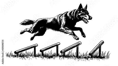 Police dog in training, leaping over an obstacle course, vector illustration art
