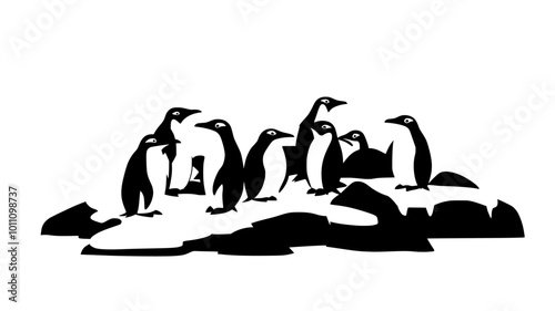 Penguin colony gathered on rocky shore near ice-covered waters, vector illustration art