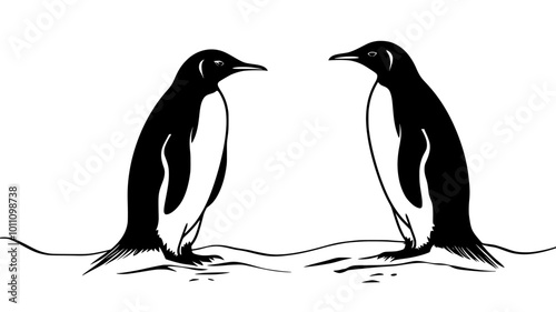 Penguin pair engaged in courtship display on snowy terrain, vector illustration art