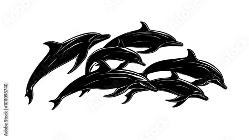Pod of dolphins surfacing to breathe in a calm bay, vector illustration art