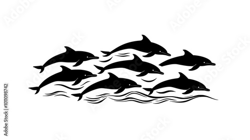 Pod of dolphins swimming in formation near the ocean surface, vector illustration art