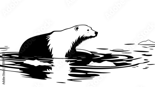 Polar bear swimming in Arctic waters between ice floes, vector illustration art