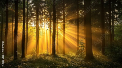 Enchanted Forest with Sunlight Rays and Trees