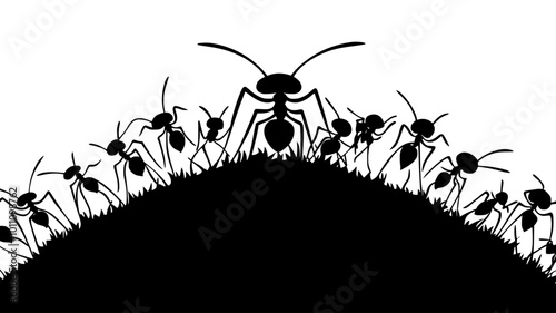 Queen ant surrounded by worker ants in an underground chamber, vector illustration art
