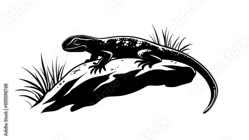 Salamander resting on a mossy rock, tail draped over the edge, vector illustration art