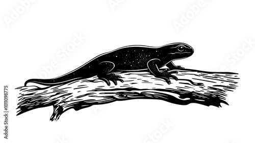 Salamander crawling on a fallen log covered in moss, vector illustration art