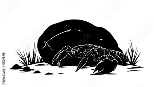 A scorpion rests under a large stone, waiting for cooler night air to emerge, vector illustration art