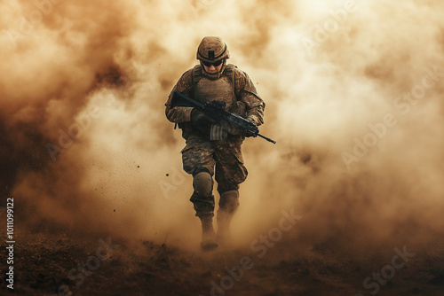 A man emerges from the smoke, a soldier with a machine gun and military equipment. Military operation, military action concept. Conflicts between countries. photo