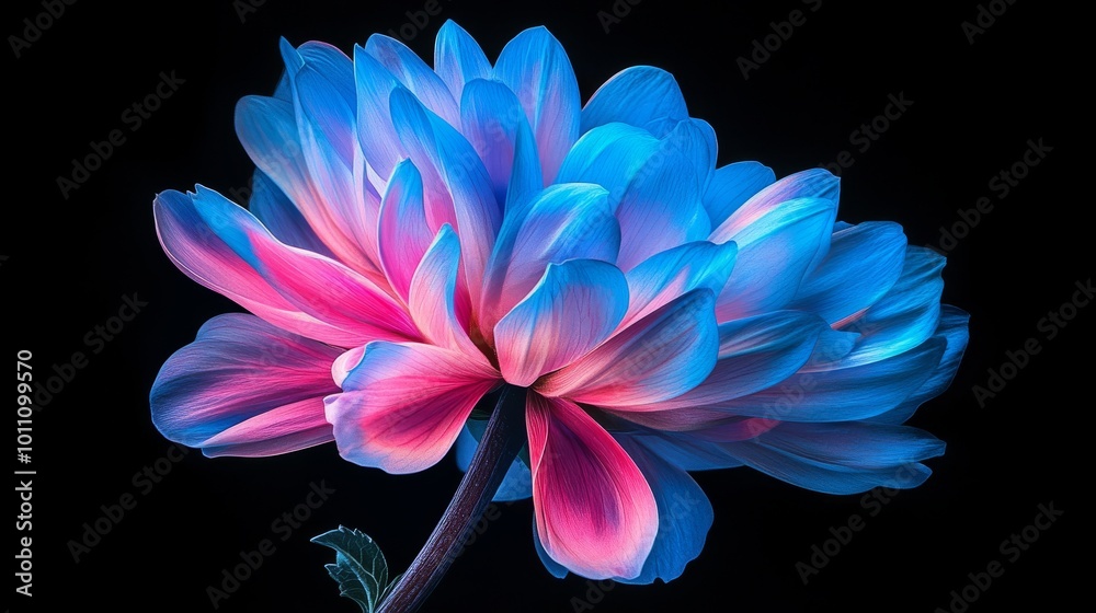 Blue and pink dahlia flower blooming on black background Blue and pink dahlia flower blooming on black background
