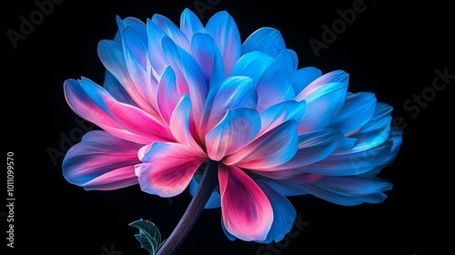 Blue and pink dahlia flower blooming on black background