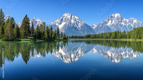 Majestic snow-capped mountain range reflected in a calm blue lake under a clear sky.