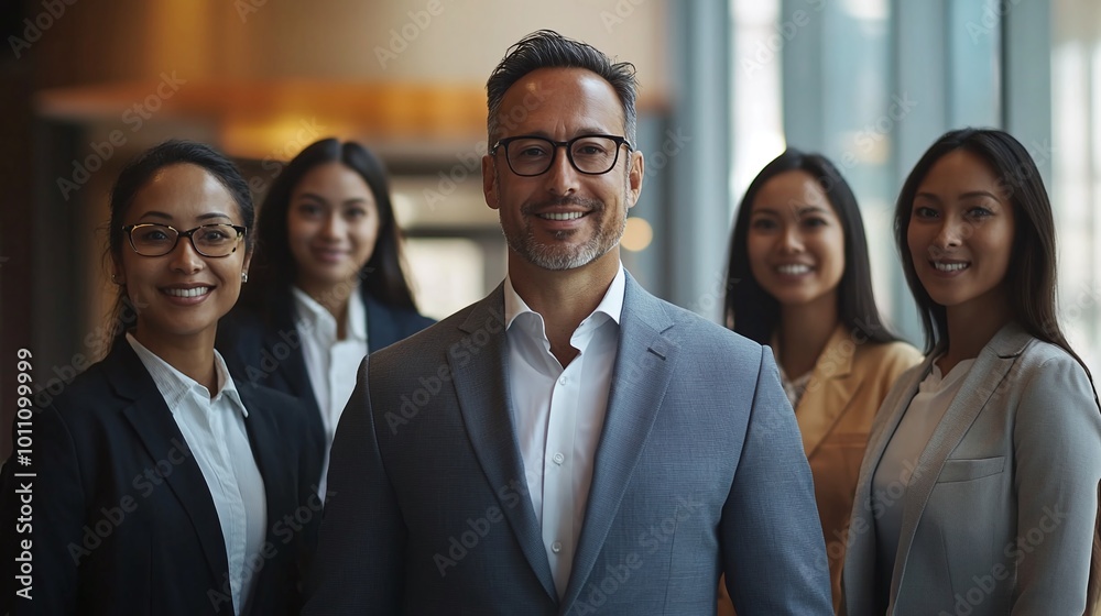 Fototapeta premium confident business team standing with their leader in a corporate office setting highlighting collaboration leadership and professional success in the company
