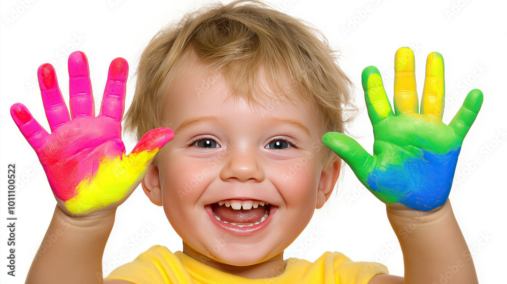 Happy child with colorful drawn hands expressing creativity.Smiling boy on white background.Bright isolated illustration Happy child with colorful drawn hands expressing creativity.Smiling boy on white background.Bright isolated illustration