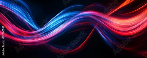 Abstract red and blue light trails flowing on black background