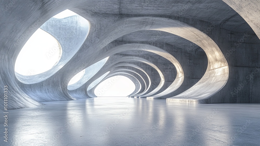 Obraz premium 3D render of an abstract curved structure representing futuristic architecture, set against an empty concrete floor, emphasizing its sleek lines and innovative design