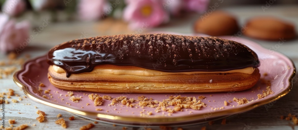 Indulgent chocolate caramel cake layered with creamy filling topped with a glossy chocolate glaze and artfully presented on an elegant serving plate surrounded by delicate pink flowers Indulgent chocolate caramel cake layered with creamy filling topped with a glossy chocolate glaze and artfully presented on an elegant serving plate surrounded by delicate pink flowers