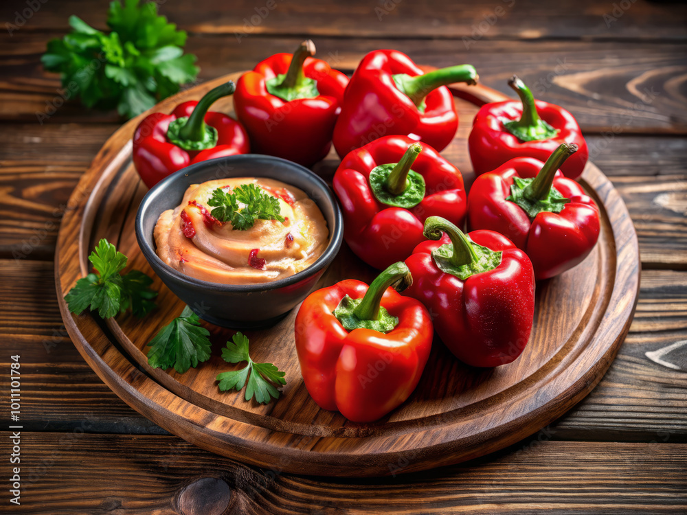 Fresh red bell peppers arranged on wooden platter with bowl of creamy dip, garnished with parsley, create vibrant and appetizing display. rich colors and textures evoke sense of freshness and Fresh red bell peppers arranged on wooden platter with bowl of creamy dip, garnished with parsley, create vibrant and appetizing display. rich colors and textures evoke sense of freshness and