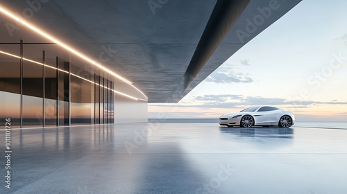 3D render of abstract modern architecture showcasing striking forms and clean lines  paired with an empty concrete floor  creating a perfect backdrop for car presentations